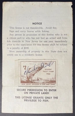 New Jersey 1964 Resident Fishing License #39173 - used - w/Trout Stamp - NJ - Image 1 of 2