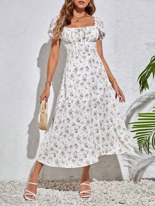 SHEIN Bauern-Midikleid Blumenmuster Milkmaid Seitenschlitz creme rosa Größe Tall XL - Bild 1 von 8