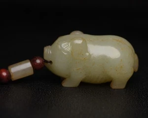 China Hetian Jade Carving Pig Nephrite Chinese Prosperity Decor Unique Sculpture - Picture 1 of 9