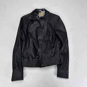 TED BAKER Leather Jacket Woman’s Size 3 Medium Black Biker Full Zip Poly Lined - Foto 1 di 12