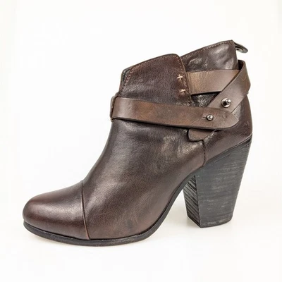 Rag & Bone Harrow Boots Brown Leather Ankle Booties Block Heel Strap Accent 8 38 - Image 1 of 4