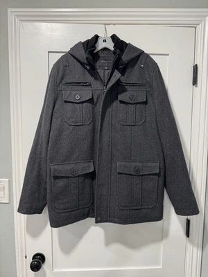 Structure Men's Wool Blend Military Jacket with Removable Hood Dark Gray Size L - Image 1 of 4