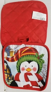 Set of 2 Printed Kitchen Pot Holders,CHRISTMAS,PENGUIN InWINTER GEAR,red back,AM - Picture 1 of 7