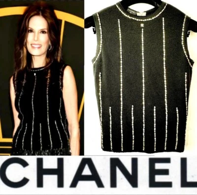 Chanel Vintage 2002 Black Crystal CC Logo Sweater Top 34 36 2 4 6 Shirt Vtg M S - Image 1 of 4