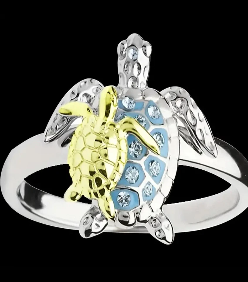 Elegant Silver Blue Sea Turtle Ring Size 8 With Gold Baby Gorgeous Beach Theme - Image 1 of 1