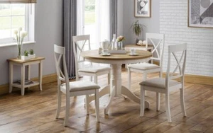 Round Solid Wood / Ivory / Oak Effect Table & 4 Chairs Dia106cm x H75cm DEVON - Picture 1 of 9