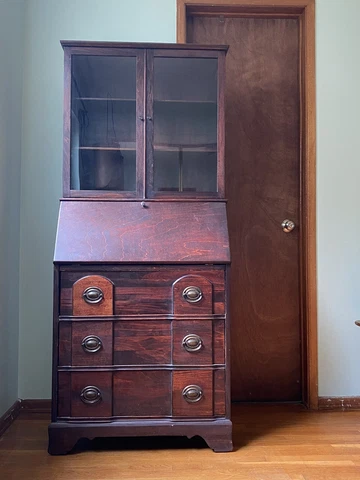 ANTIQUE AMERICAN SECRETARY DESK WITH GLASS HUTCH DOORS & WOOD SHELVES Cover