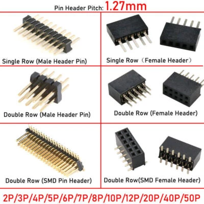 1.27mm Pitch 2P-40P PCB Male / Female Pin Header Single / Double Row Connector - Image 1 of 4