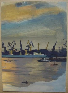 Ukrainian Soviet USSR gouache Painting industrial seascape ships harbor cranes - Picture 1 of 4