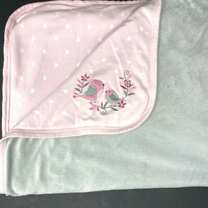 Koala Baby Pink Blanket White Hearts Embroidered 2 Birds Gray Faux Fur Lovey - Picture 1 of 5