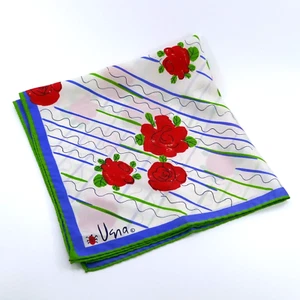 VINTAGE VERA NEUMANN ROSES RED GREEN BLUE NYLON SQUARE SCARF JAPAN LADYBUG - Picture 1 of 4