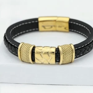 Men Stainless Steel 8"Braided Leather,Magnetic,Charm Bracelet Gold Plated Box - Picture 1 of 3