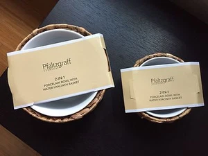 Set of 2-in-1 Pfaltzgraff White Bowls With Nesting Decorative Woven Water Basket - Picture 1 of 4