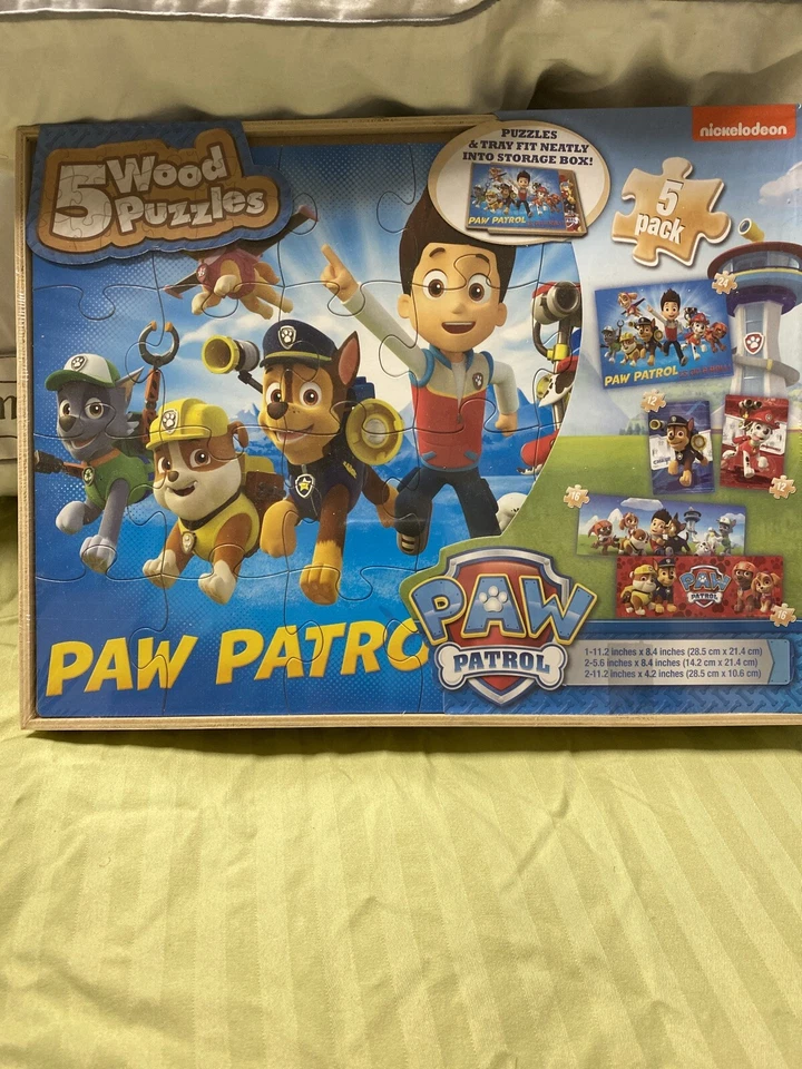 5 деревянных пазлов Nickelodeon PAW PATROL с коробкой для хранения НОВЫЕ - Изображение 1 из 2