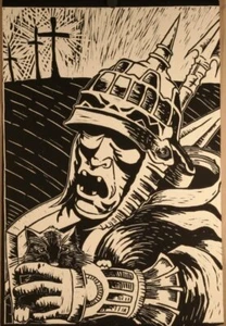 Modern Art black and white wood block print Soldier with a cat - Picture 1 of 1