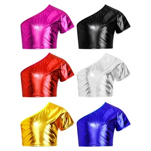 Kids Girls T-shirt Metallic Crop Top Activewear Dancewear Hip Hop Tank Costume - Picture 1 of 53
