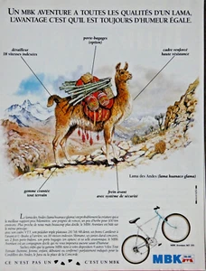 PUBLICITÉ DE PRESSE 1989 un vélo MBK aventure à toutes les qualités d'un LAMA - Imagen 1 de 1