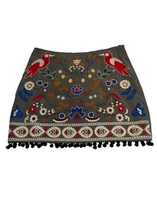 Umgee Skirt Women’s SZ M Brown Embroidered Birds Flowers Boho Folk Art Pompoms - Picture 1 of 14