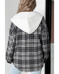 Azura Exchange Black Plaid Print Flap Pockets Contrast Hooded Loose Shacket - Picture 1 of 41