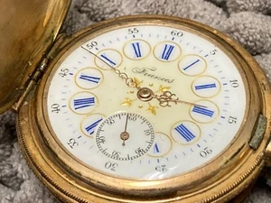 antico orologio da tasca FRANCES SWISS inciso cassa HUNTER quadrante smaltato - Foto 1 di 10