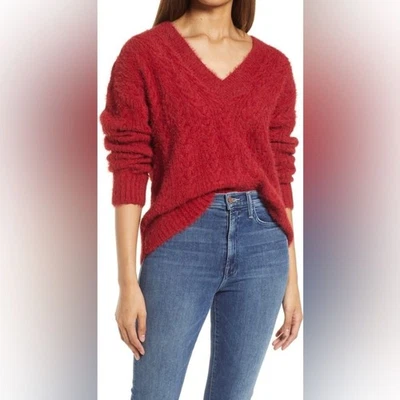 Suéter Lucky Brand Pestañas Cuello en V Ajuste Relajado Difuso Cable Tejido Rojo Mediano Foto 1 de 4