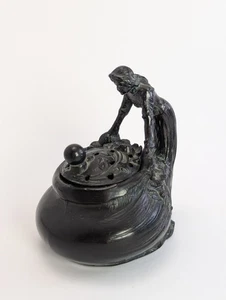 Small Antique 1910's Bronze Art Nouveau Ink Well/ Incense Cauldron Maiden W/Lid - Picture 1 of 10