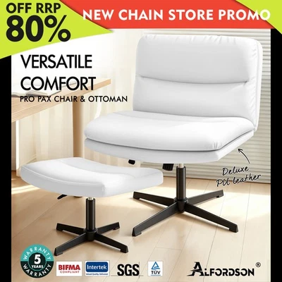 ALFORDSON Office Chair Computer Cross-legged Seat Work Ottoman PU Leather White - image 1 of 4
