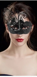 Masquerade Woman’s Black Mask Light Metal Design With Rhinestones - Picture 1 of 6