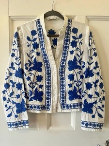 Zara White & Blue Floral Embroidered Cotton Linen Jacket Hippy Boho Size M - Picture 1 of 11