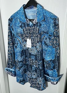 NWT Robert Graham Paisley Bold Floral Blue White Flip Cuff Sport Shirt 2XL $228 - Picture 1 of 5