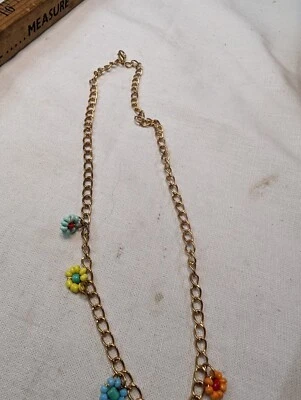 Multicolor Flower Blossom Glass Seed Beaded On Gold Tone Chain Necklace 19" - Image 1 of 4