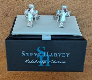 Steve Harvey Cross Design Cufflinks Silver Beveled Mirror New - Picture 1 of 4