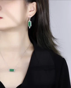 Green Emerald Gemstone Drop Earrings Women Emerald Geometric Jewelry Set - Picture 1 of 2