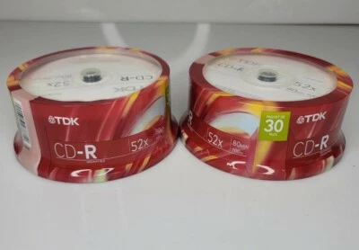 TDK CD-R 52x 80 minutes 700 MB 2 Packs of 30 (60 Total) Blank CD Spindle NEW  - Image 1 of 2