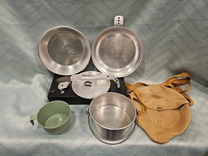 Vintage Boy Scouts Regal Metal Mess Kit Cookware Pot Lid Pan Cup Bowl Bag - Picture 1 of 7