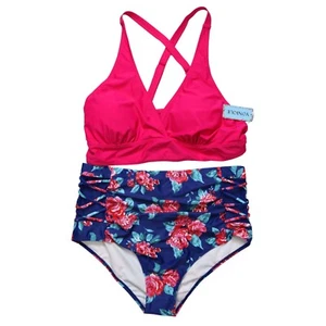 Costume da bagno donna Yonique 2 pezzi rosa blu stampa floreale TAGLIA 20W - Foto 1 di 8