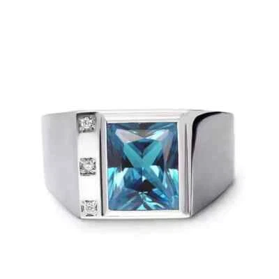Мужское кольцо с аквамарином огранки принцессы 2 карата с покрытием из белого золота 14 карат - Изображение 1 из 4