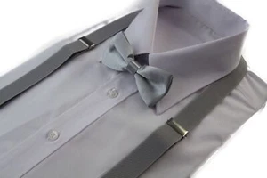 Boys Adjustable Silver 65cm Suspenders & Matching Bow Tie Set - Picture 1 of 1