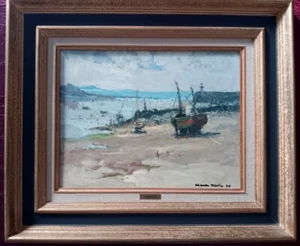 Vintage Oil Painting on Panel Brittany Seascape Boats at Low Tide Signed Dated - Picture 1 of 8