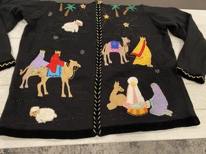 The Quaker Factory Vintage Nativity Christmas Embellished Cardigan Sweater Sz 1X - Picture 1 of 15