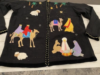The Quaker Factory Vintage Nativity Christmas Embellished Cardigan Sweater Sz 1X - Image 1 of 4
