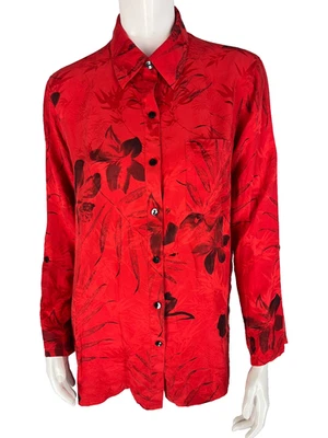 Blusa CHICO'S Talla 1 Mujer M Roja 100% Seda Floral Top Abotonada Ligera Foto 1 de 4