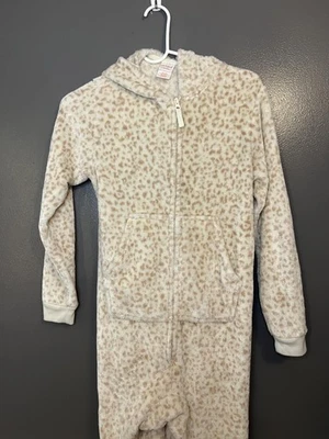 Cat & Jack One Piece Pajamas Girls XL 14 Cream Leopard Hooded Fleece Sleepwear - Image 1 of 4
