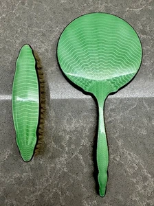 Vintage Set Of Art Deco Brush And Mirror Beautiful Green Enamel Set - Picture 1 of 10