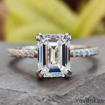 Moissanite Hidden Halo Engagement Ring 2.30 CT Emerald Cut Solid 14K White Gold - Image 1 of 4