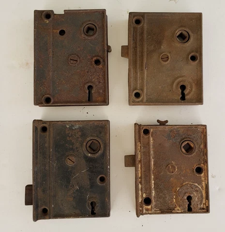 4 -  Antique Salvage Cast Iron Rim Surface Door Locks For Parts or Restoration Cover