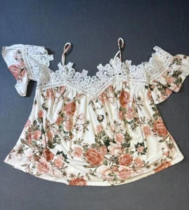 Charlotte Russe Large Floral Print Lace trim Off Shoulder Top Shirt Thin Straps - Picture 1 of 9