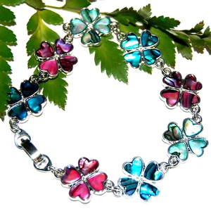 GENUINE PAUA ABALONE SHELL MULTI COLOR SHAMROCK BRACELET E16 - Picture 1 of 4
