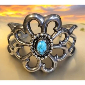 Navajo Sterling Silver Turquoise Cuff Bracelet Flower Large Statement Begay - Picture 1 of 7