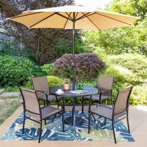 6-Piece Black Metal Patio Dining Set – Round Table, Textilene Chairs, Umbrella - Picture 1 of 12